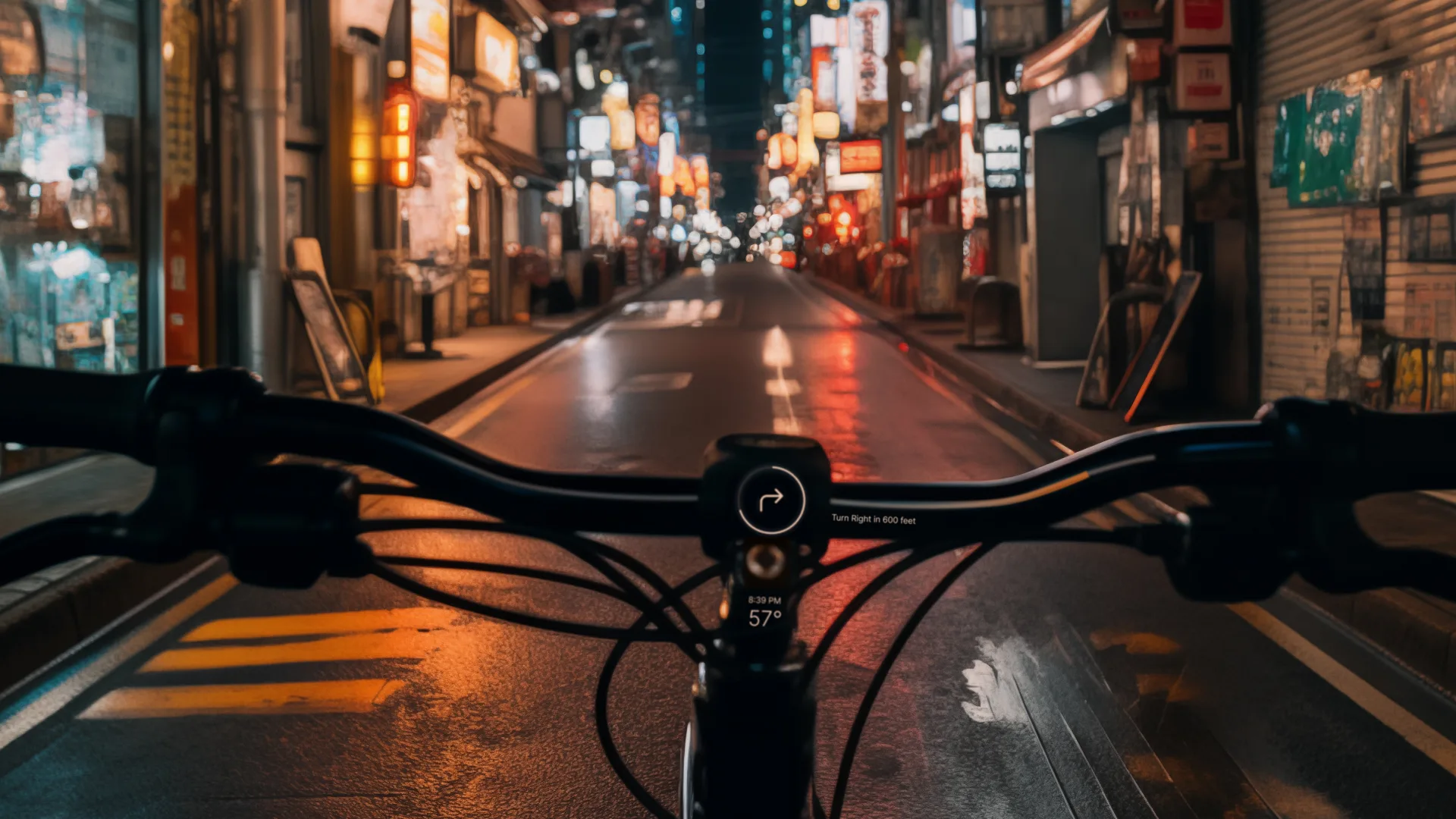 First-person view from a bicycle on a wet, neon-lit Tokyo street, with a Fountain navigation arrow projected onto the handlebars.