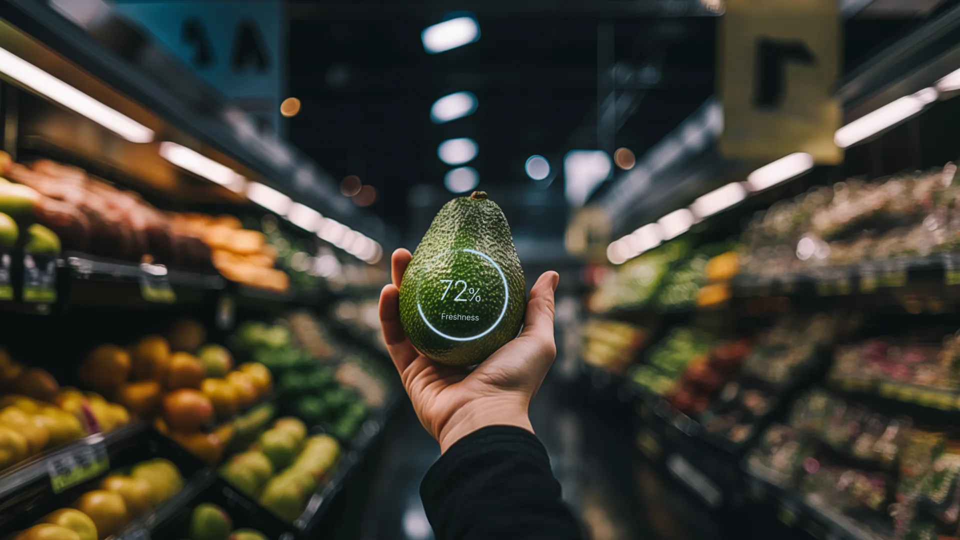 A hand holding an avocado in a supermarket aisle, with a Fountain freshness indicator projected onto the fruit itself.