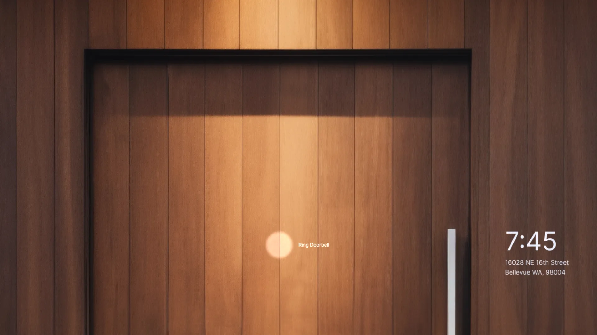 A wood-paneled front door with a softly Fountain-projected doorbell button and a clock displaying 7:45 to the right.